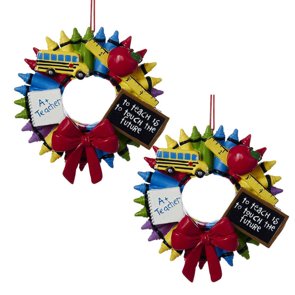 Kurt Adler A+ Teacher Crayon Wreath Ornament (Set of 2)