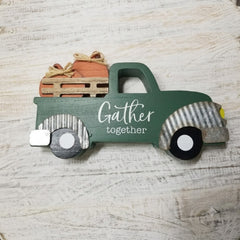 Wooden Green Truck "Gather Together" Pumpkin Shelf Sitter Decor | Burton & Burton