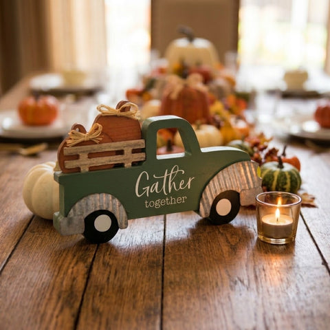 Wooden Green Truck "Gather Together" Pumpkin Shelf Sitter Decor | Burton & Burton