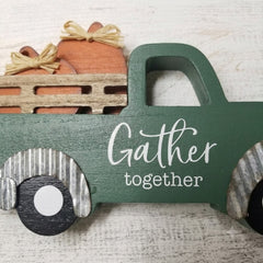 Wooden Green Truck "Gather Together" Pumpkin Shelf Sitter Decor | Burton & Burton
