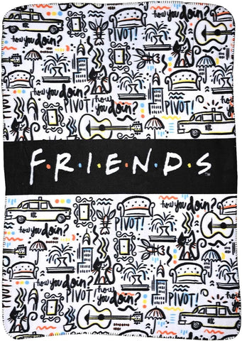 Friends TV Show Logo Fleece Throw Blanket – 45"x60" Cozy White Throw with Café, Taxi & Cat Icons