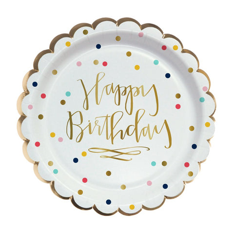 7" Round Foil Happy Birthday With Confetti Paper Dessert Plate