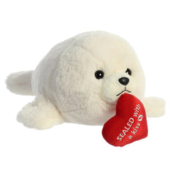 Aurora 13" White Seal Holding a Heart With A Message "Sealed With A Kiss" Valentines Plush