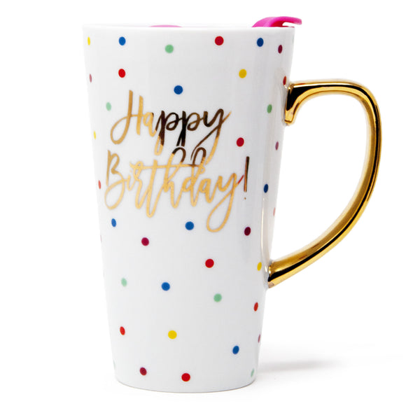 Hot and Unique Ceramic Made Happy Birthday Mug With Pink Spill-Proof-Lid