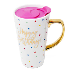 Hot and Unique Ceramic Made Happy Birthday Mug With Pink Spill-Proof-Lid