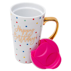 Hot and Unique Ceramic Made Happy Birthday Mug With Pink Spill-Proof-Lid